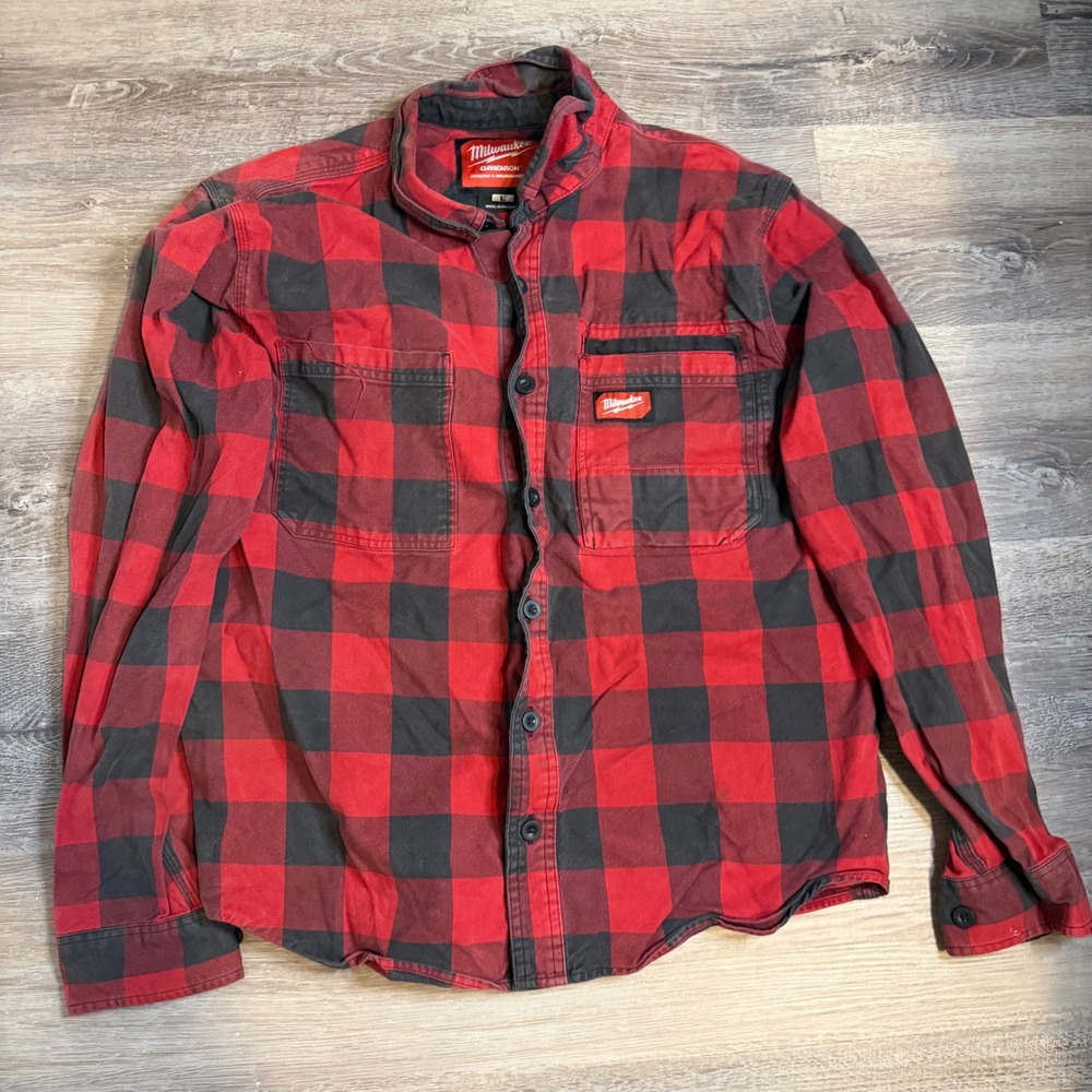 Milwaukee Gridiron Mens Large Red Black Buffalo Plaid Work Shirt Button Down